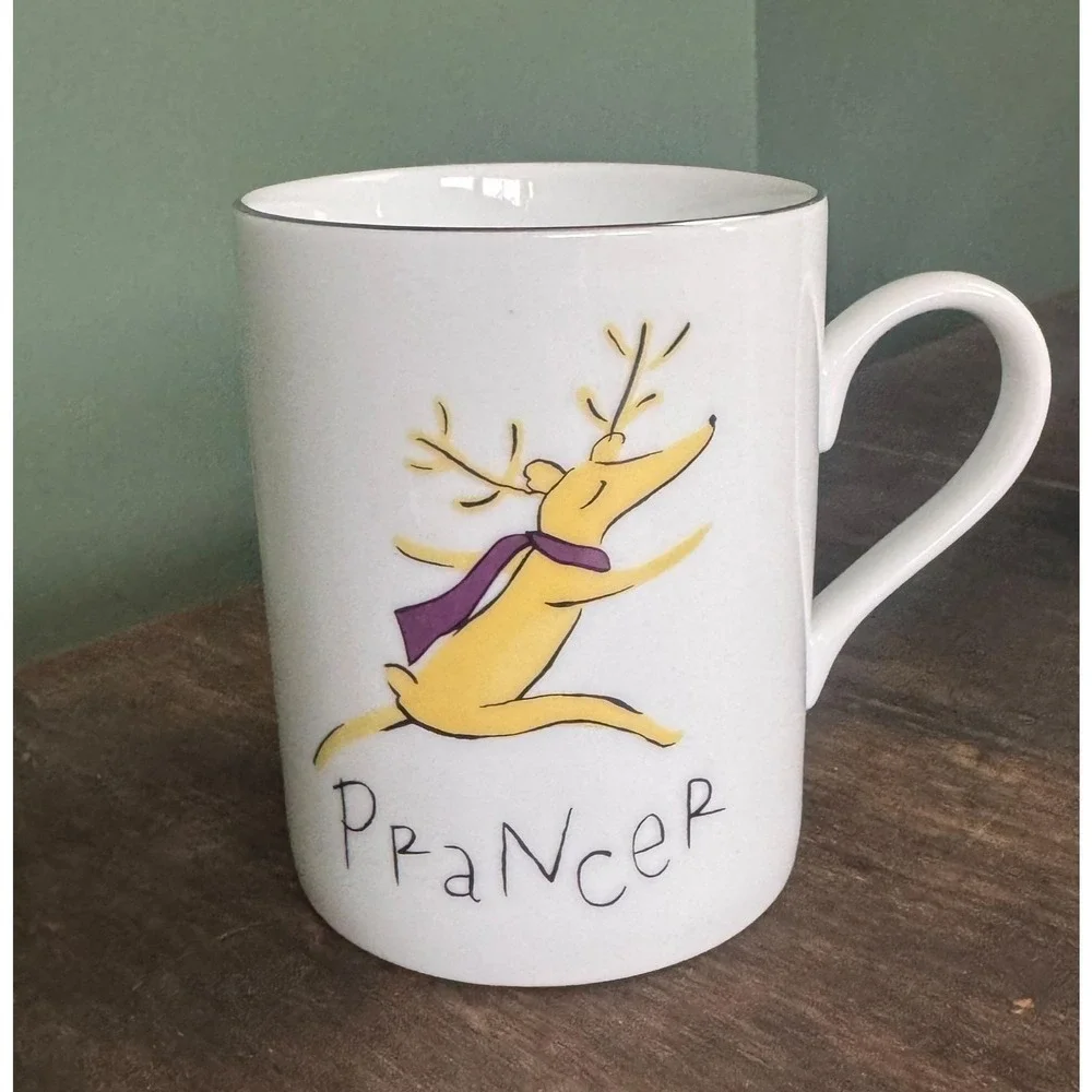 Four Pottery Barn Reindeer Coffee Mugs Prancer Vixen Dancer Dasher
